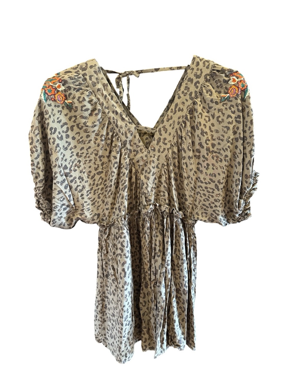 Leopard Print Flutter Sleeve Mini Dress with Floral Embroidery